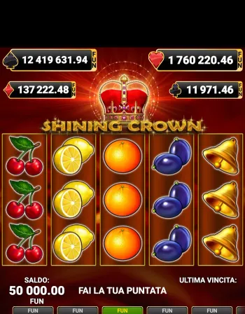 Shining Crown in verticale su un telefono: i contatori di Jackpot Cards, i cinque rulli e le puntate