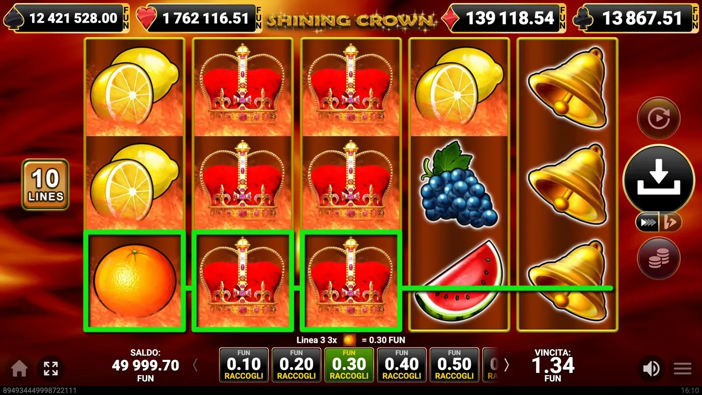 Due corone espanse sui rulli 2 e 3 di Shining Crown che completano una linea vincente