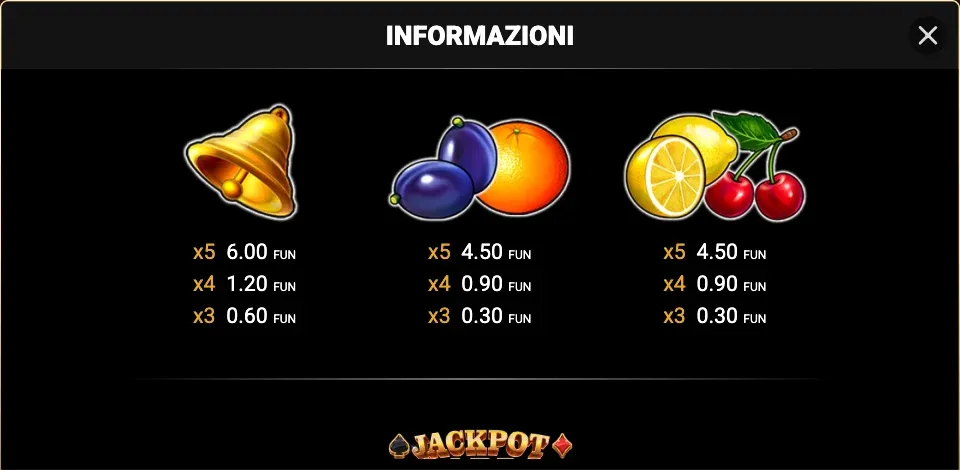 La tabella pagamenti di Shining Crown con campana, prugna e arancia, limone e ciliegia
